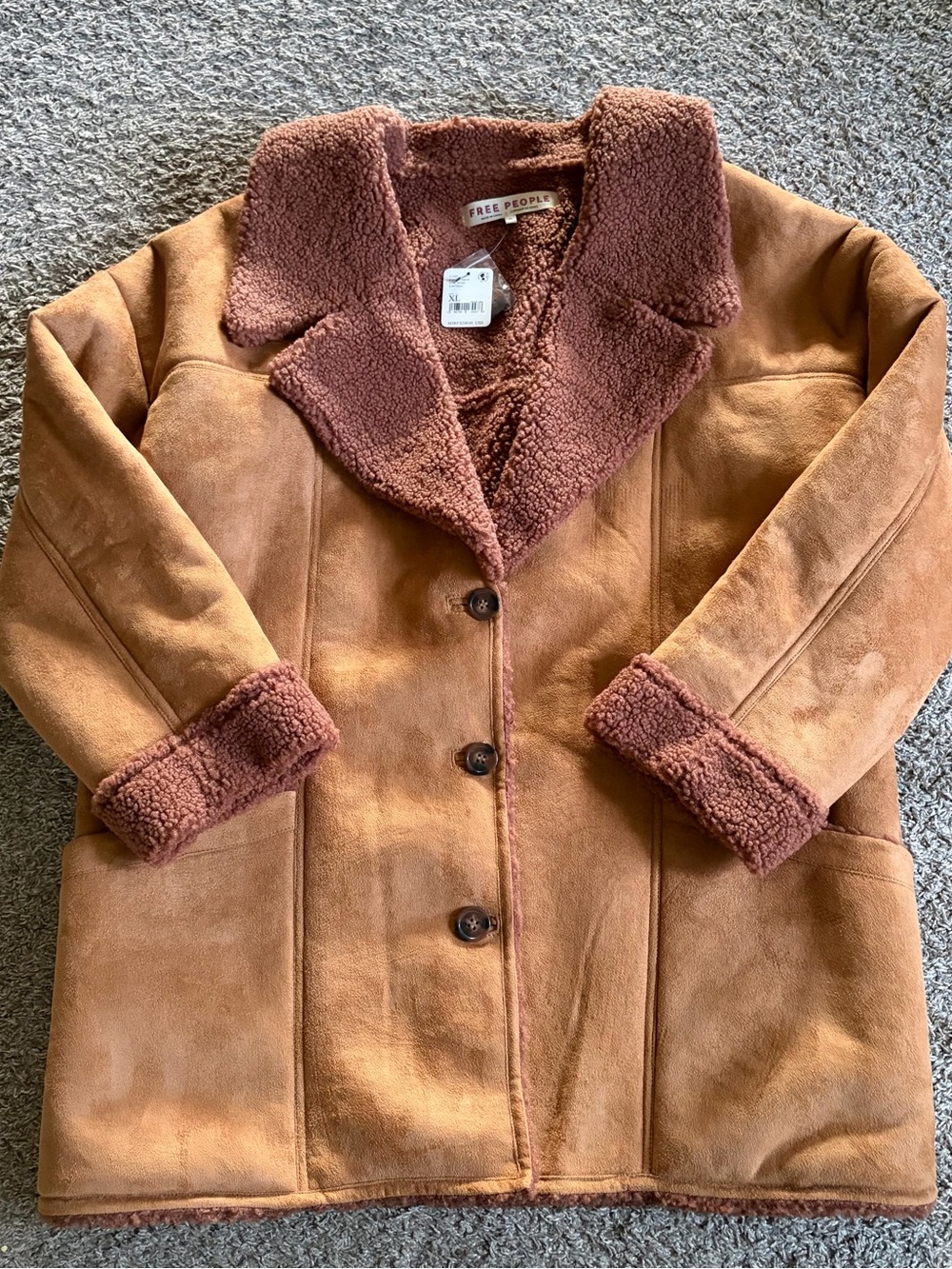 Free People Winter Faux Sherpa Suede Diogo Coat Western Bohemian Retro Size XL